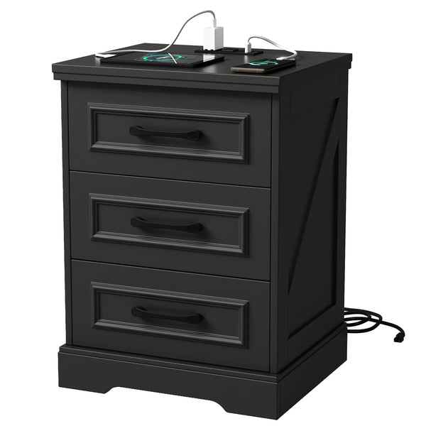 IDEALSOUL Nightstand for bedroom,Black Farmhouse End Table with Charging Station,3 Drawers Storage