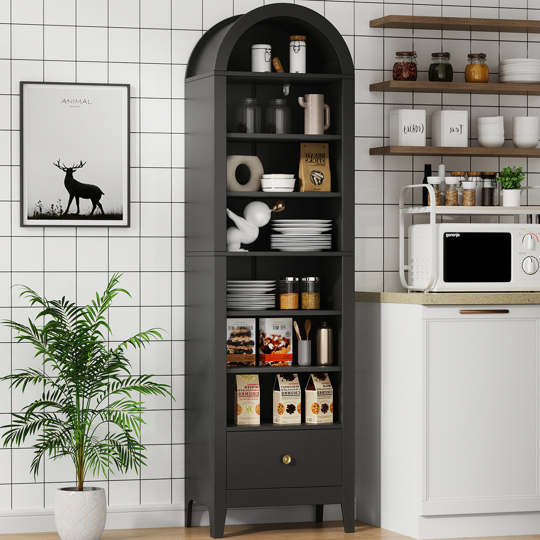 71" Arched Cabinet Tall Kitchen Pantry Cabinet, 8 Tiers Arched storage Cabinet with Doors and Shelves, Bookcase for Entryway, Hallway, Living Room