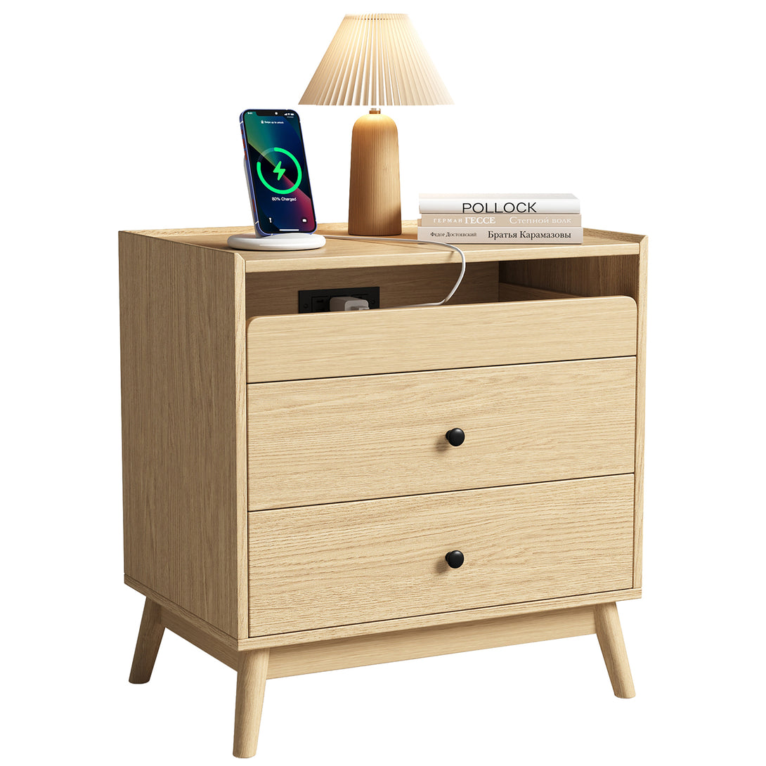 Nightstand Bedside Table, 25"H×23.6"W 3 Drawer Dresser with Hidden Charging Station, End Side Table for Bedroom Furniture