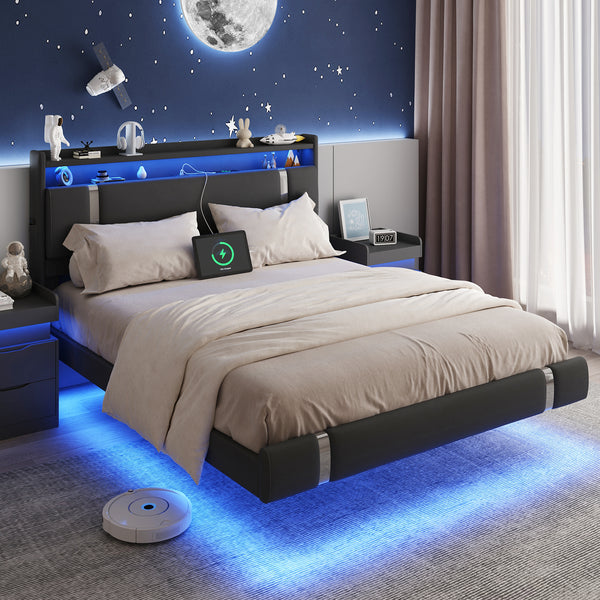 IDEALSOUL Queen Size Bed Frame with LED Lights,Floating Metal Platform Bed with Storage Headboard,No Box Spring Needed,Easy to Assemble (Queen,Black)