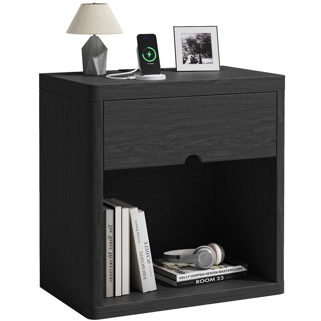 IDEALSOUL Nightstand , Nightstand with Charging Station, 24inch Bedside Table with Curved Top Corners, Crescent Shaped Buckle, Wooden End Table for Bedroom Living Room