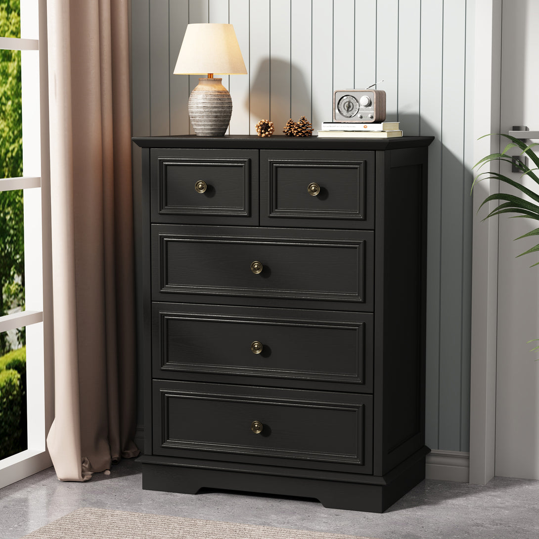 IDEALSOUL 5 Drawer Dresser for Bedroom, White Rustic Style Chest of Drawers, Retro Style 5 Drawer Dresser for Bedroom, Living Room, Bathroom