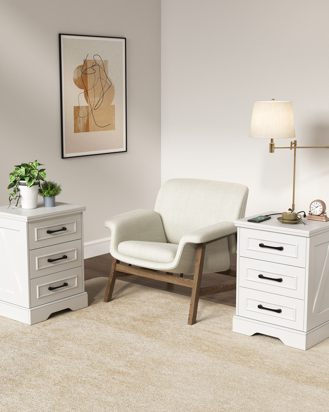 Nightstand , Farmhouse End Table with Charging Station,3 Drawers Storage