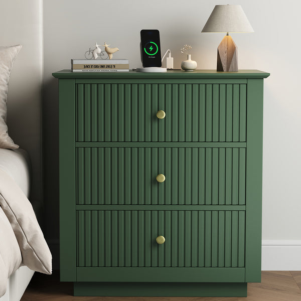 IDEALSOUL Nightstand, 24" Wide End Table with Storage, Fluted Nightstand with USB Charging Station, Large 3 Drawers nightstand for Bedroom Living Room(1pc, Green)