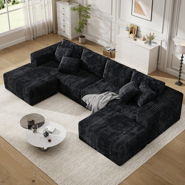 137" Cloud Sectional Couch, Modular U-Shaped sectional sofa with Chaise and Ottoman, Modern Minimalist Sleeper Couch with Deep seats L Shaped for Living Room, Plush Corduroy Sofa, no assembly , Black