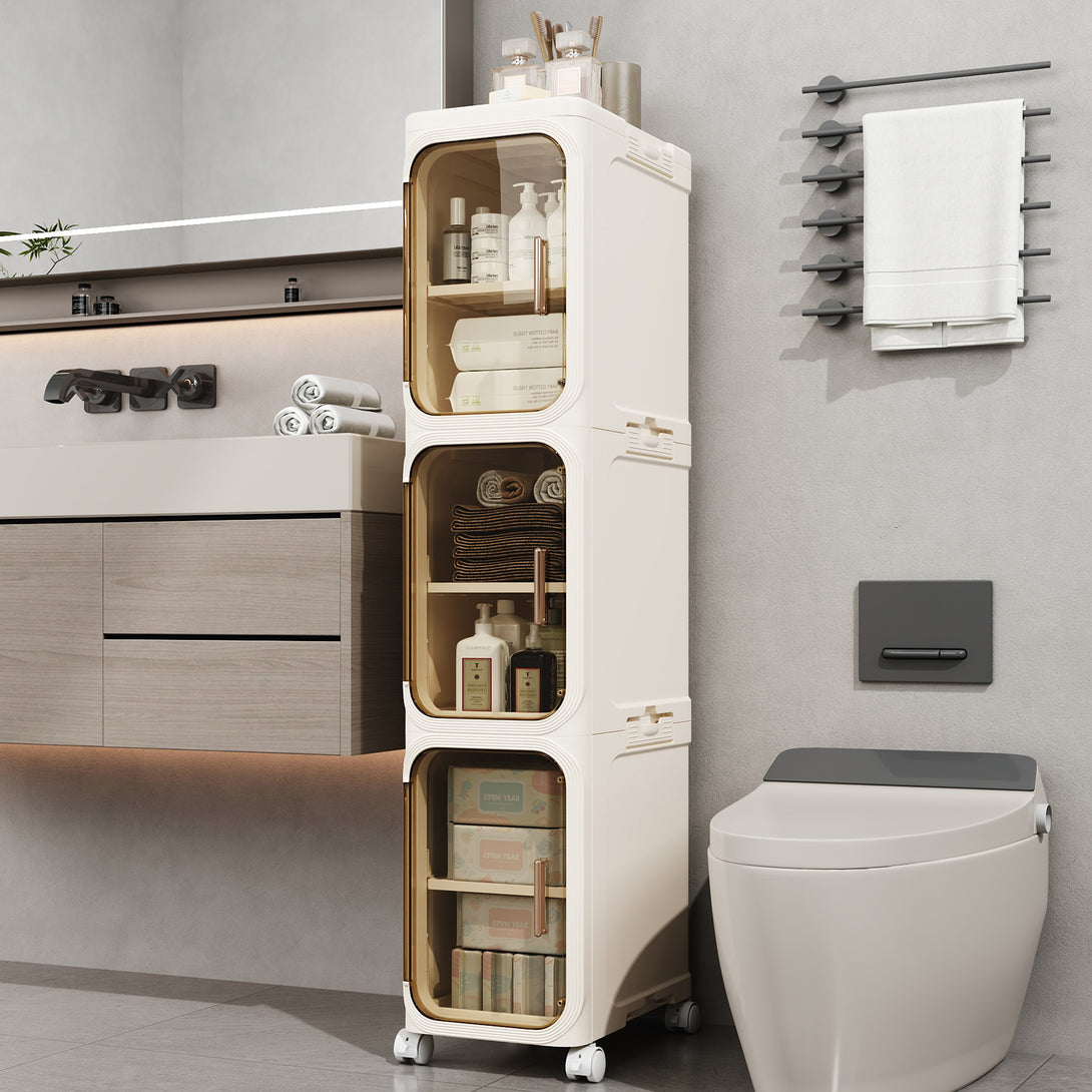Narrow Storage Cabinet, Slim Bathromm Storage Cabinet With Wheels, Removable Partitions, Transparent Doors, Narrow Cabinet For Small Spaces, Bathroom, Bedroom, Living Room, Laundry
