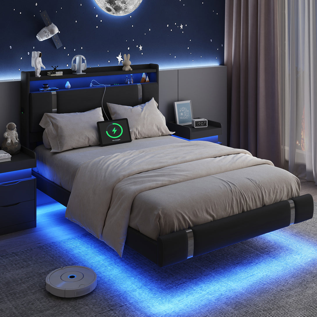 IDEALSOUL Full Size Bed Frame with LED Lights,Floating Metal Platform Bed with Storage Headboard,No Box Spring Needed,Easy to Assemble