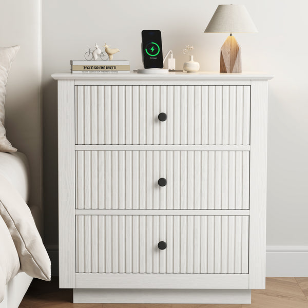 IDEALSOUL Nightstand, 24" Wide End Table with Storage, Fluted Nightstand with USB Charging Station, Large 3 Drawers nightstand for Bedroom Living Room(1pc, White)