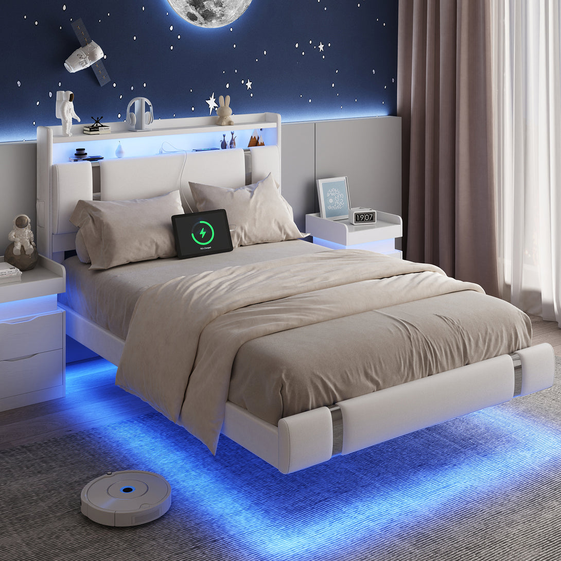IDEALSOUL Full Size Bed Frame with LED Lights,Floating Metal Platform Bed with Storage Headboard,No Box Spring Needed,Easy to Assemble