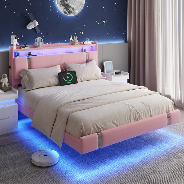 IDEALSOUL Queen Size Bed Frame with LED Lights,Floating Metal Platform Bed with Storage Headboard,No Box Spring Needed,Easy to Assemble (Queen,Pink)