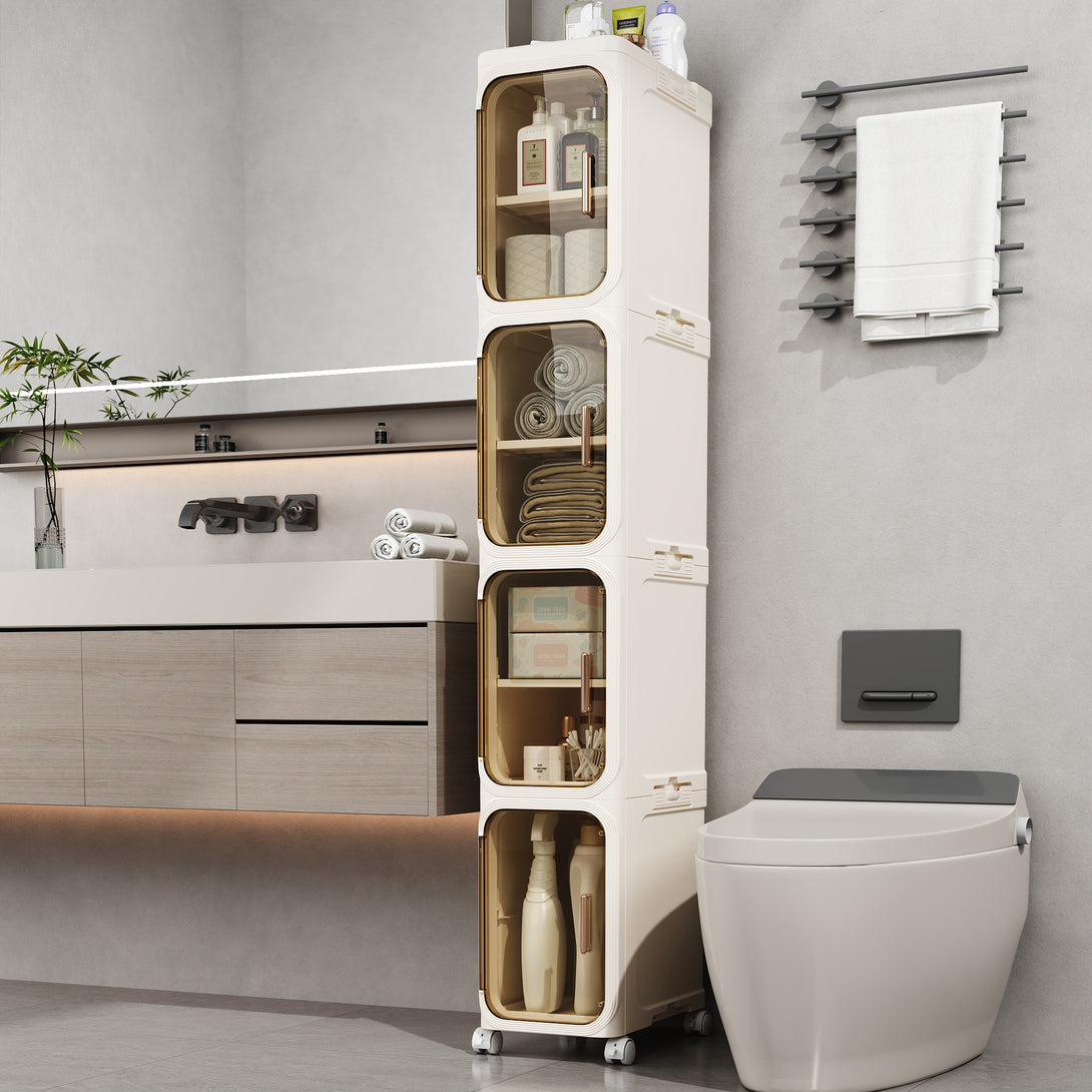 Narrow Storage Cabinet, Slim Bathromm Storage Cabinet With Wheels, Removable Partitions, Transparent Doors, Narrow Cabinet For Small Spaces, Bathroom, Bedroom, Living Room, Laundry