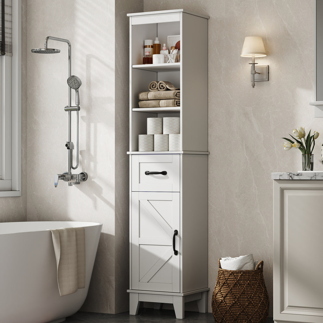 IDEALSOUL Tall Bathroom Storage Cabinet, Narrow Storage Cabinet, Freestanding Linen Cabinet with Barn Door and Drawer