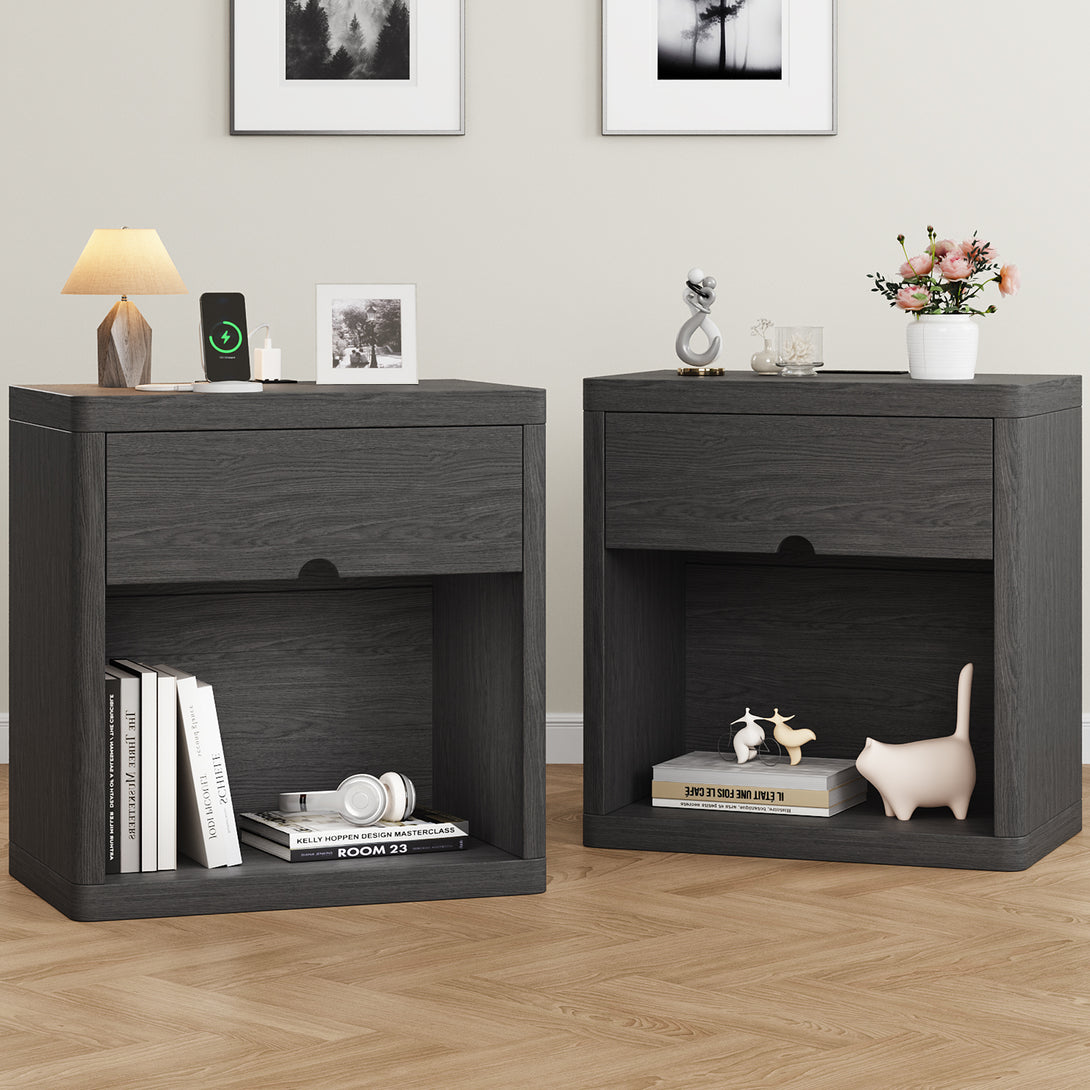 IDEALSOUL Nightstand , Nightstand with Charging Station, 24inch Bedside Table with Curved Top Corners, Crescent Shaped Buckle, Wooden End Table for Bedroom Living Room