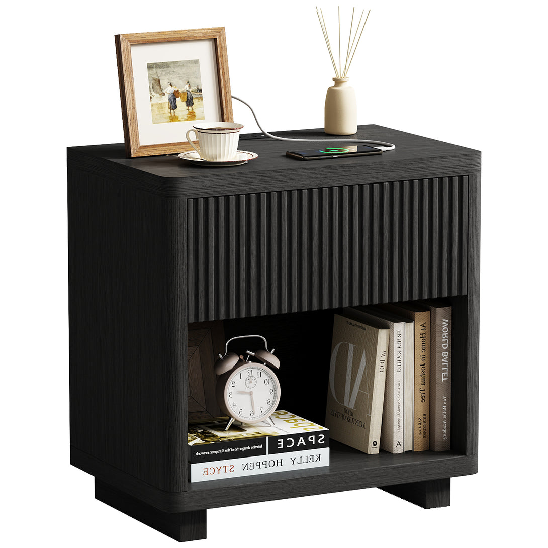 IDEALSOUL Nightstand, Fluted Bedside Table with Charging Station, End Table with open Storage, Large Wooden Night Stands Bedside for Bedroom Living Room