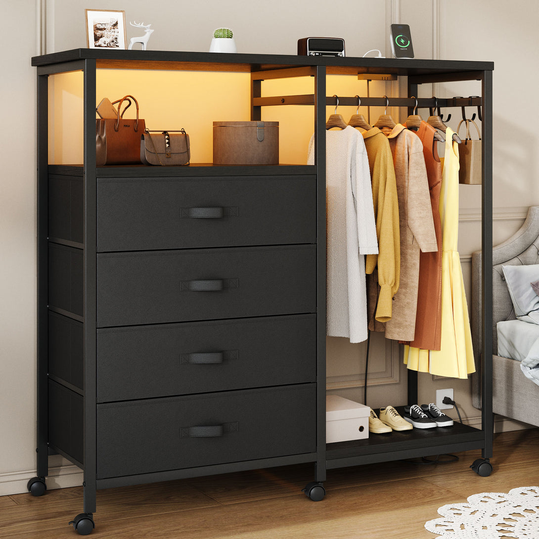 Dresser with Hanging Rack, Bedroom Dresser with Hanging Rack Chest of Drawers with Fabric Drawers & LED Lights & Charging Station, Rust Brown