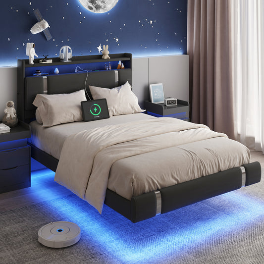 IDEALSOUL Full Size Bed Frame with LED Lights,Floating Metal Platform Bed with Storage Headboard,No Box Spring Needed,Easy to Assemble (Full,Black)