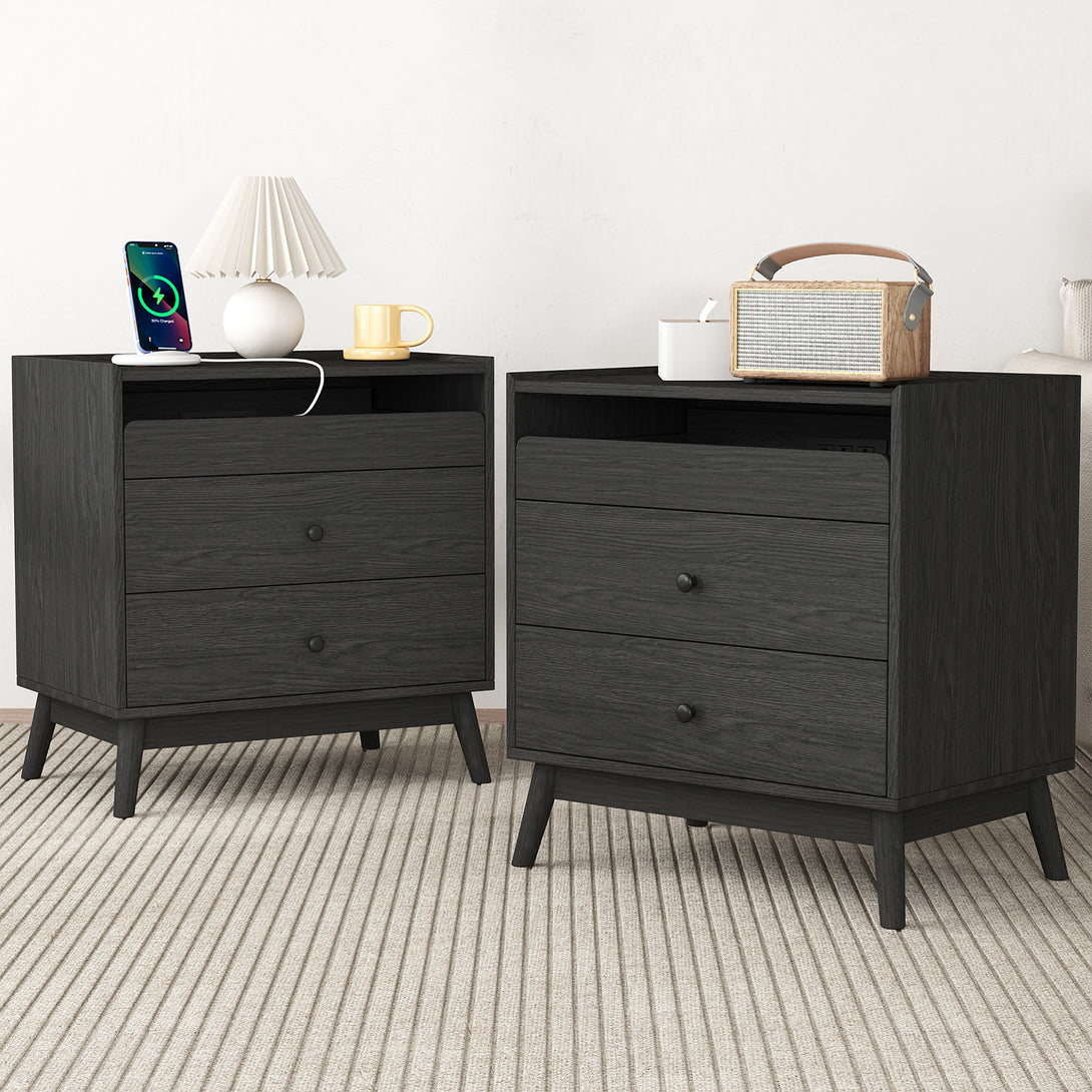 Nightstand Bedside Table, 25"H×23.6"W 3 Drawer Dresser with Hidden Charging Station, End Side Table for Bedroom Furniture