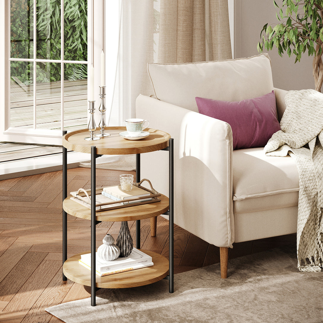 End Side Table, 3-Tier Coffee Table Small Round Table, Narrow Nightstand for Living Room Bedroom Outdoor