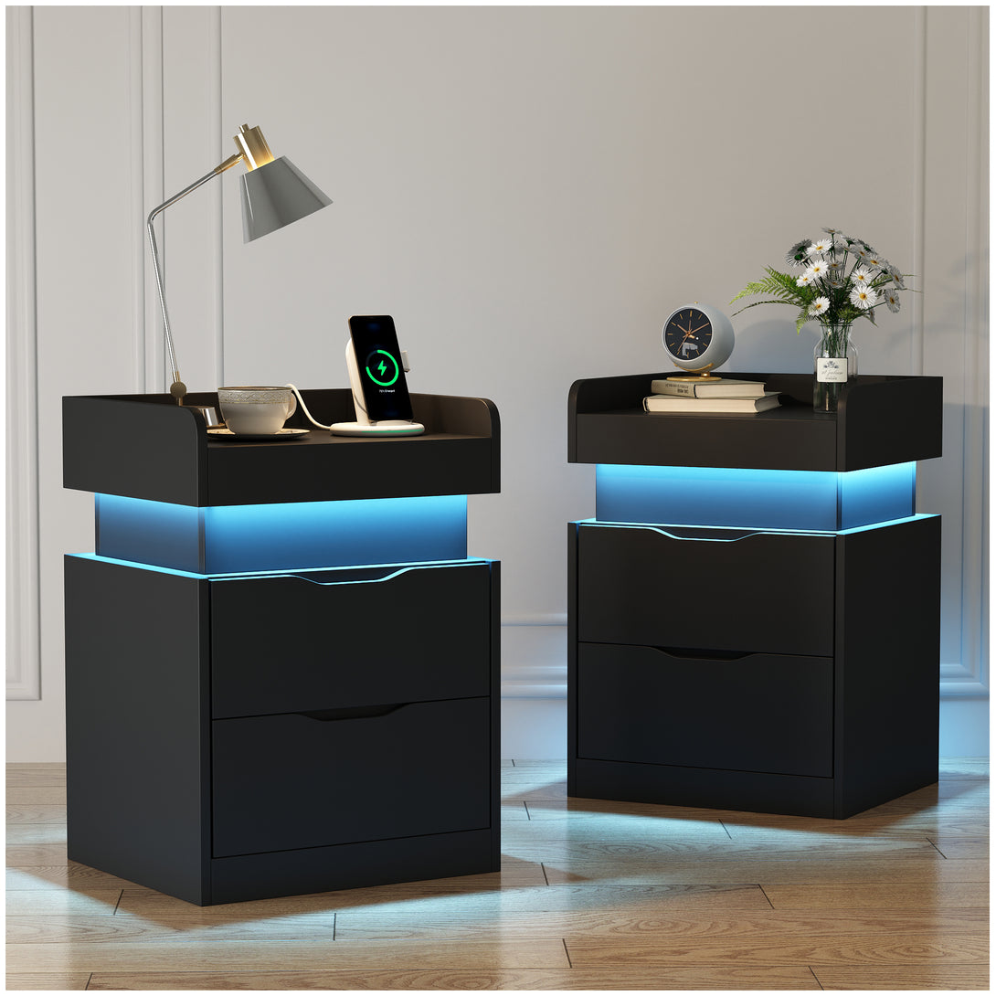 Black Nightstand with Charging Station, LED Smart Nightstand with 3 Hidden Drawer Modern Bedside Table End Side Table Nightstands for Bedroom Living Room 25" Tall