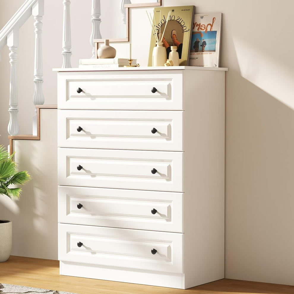 Dresser for bedroom,5 Drawer Dresser Tall White Dresser with Large Sto