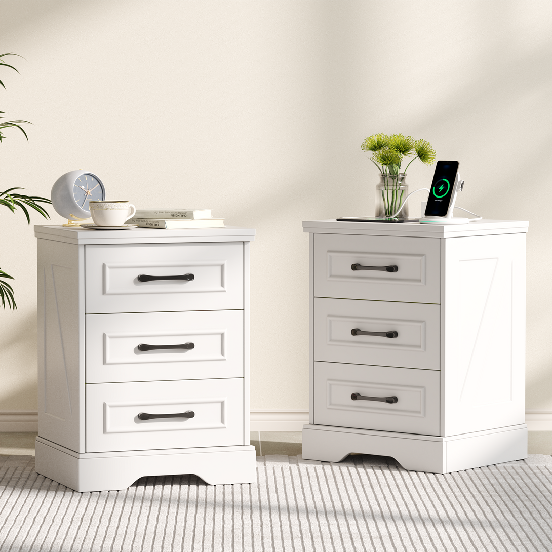 Nightstand for bedroom,White Farmhouse End Table with Charging Station,3 Drawers Storage