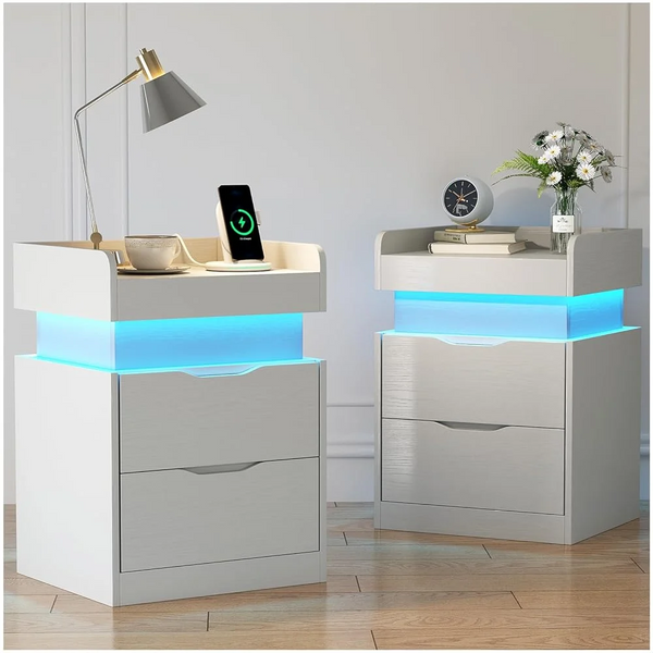Nightstand Set of 2 with Charging Station, White Bedside Table LED Modern Nightstand with 3 Hidden Drawer for Bedroom Living Room