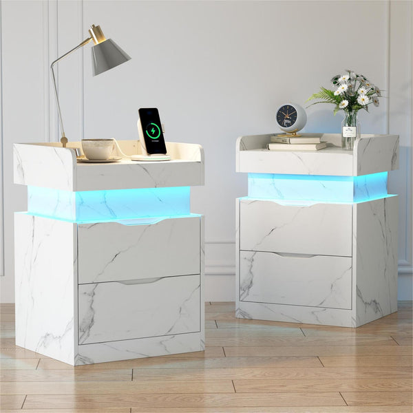 Nightstand Set of 2 with Charging Station, White Bedside Table LED Modern Nightstand with 3 Hidden Drawer for Bedroom Living Room, White Marbled