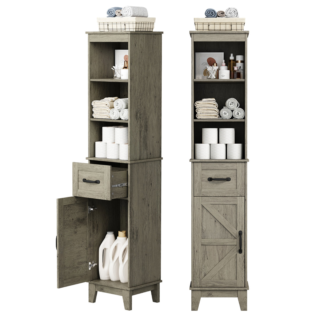 IDEALSOUL Tall Bathroom Storage Cabinet, Narrow Storage Cabinet, Freestanding Linen Cabinet with Barn Door and Drawer