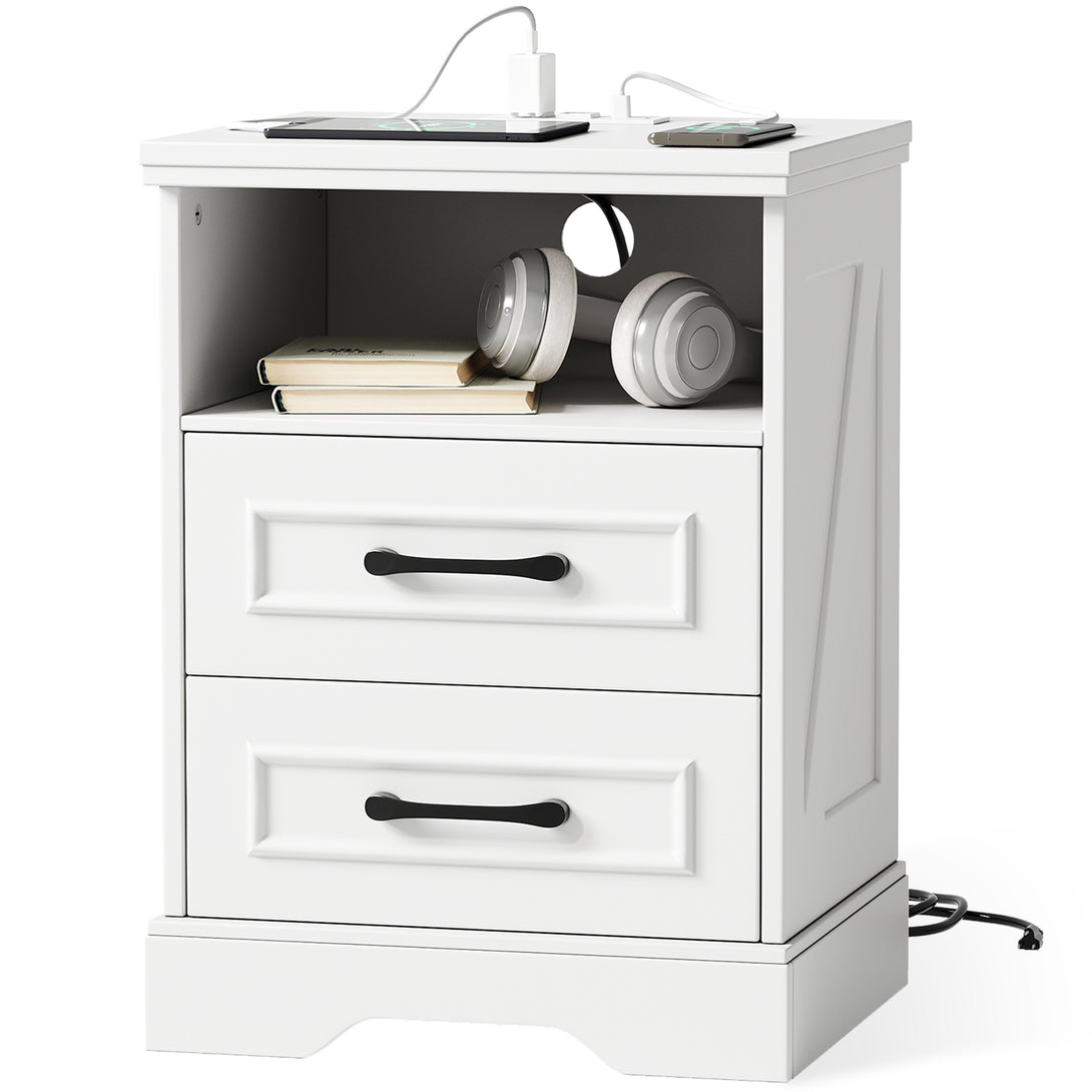 Nightstand with Charging Station, Farmhouse Nightstands with 2 Drawers Storage Side Table Bedside Cabinet for Bedroom Living Room
