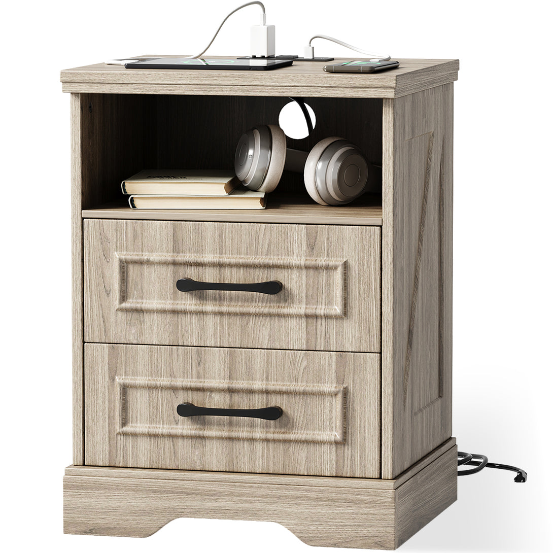 Nightstand with Charging Station, Farmhouse Nightstands with 2 Drawers Storage Side Table Bedside Cabinet for Bedroom Living Room