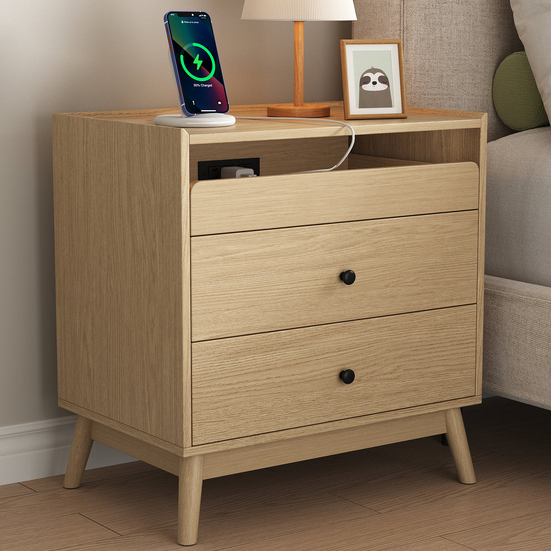 Nightstand Bedside Table, 25"H×23.6"W 3 Drawer Dresser with Hidden Charging Station, End Side Table for Bedroom Furniture