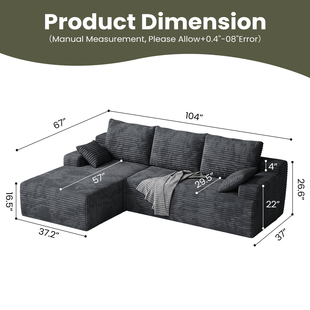 104" Cloud Sectional Couch with L-Shape Chaise, Modern Modular Sofa with Deep Seat, Upholstered Couches with Back Cushion for Living Room Bedroom, No Assembly Required