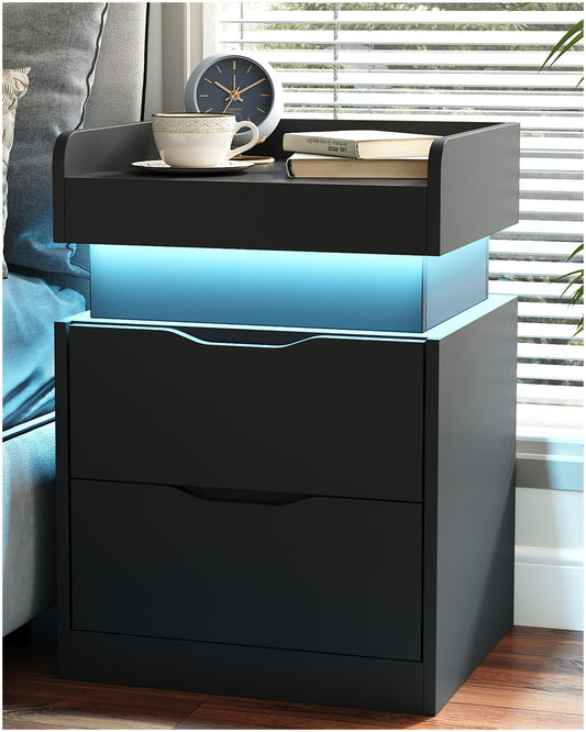 Black Nightstand with Charging Station LED Smart