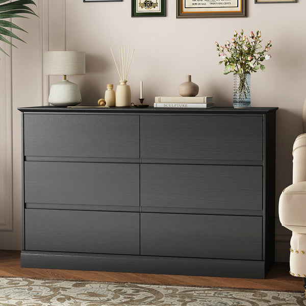 Black Dresser 6 Drawer Dresser Chests of Drawers Wood Storage Side Large Cabinet for Bedroom Closet Living Room