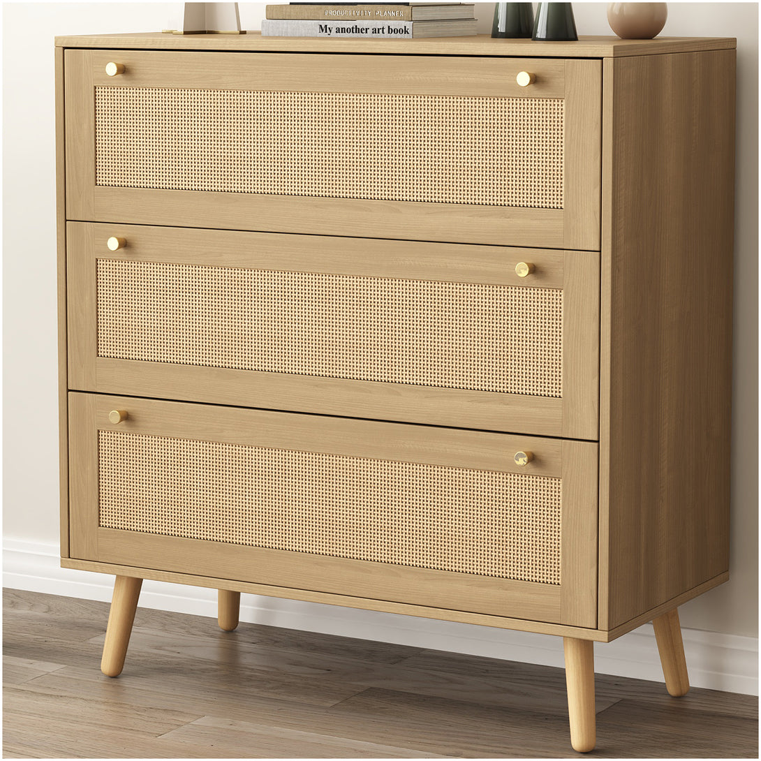 Dresser for Bedroom, Farmhouse Rattan Dressers, 3 Drawers Dressers Chest for Bedroom Hallway Living Room