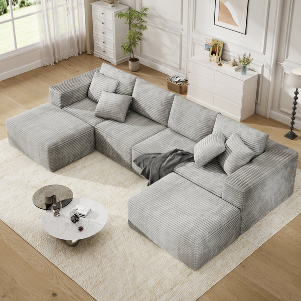 137" Cloud Sectional Couch, Modular U-Shaped sectional sofa with Chaise and Ottoman,Modern Minimalist Sleeper Couch with Deep seats L Shaped for Living Room,Plush Corduroy Sofa,no assembly,White Gray