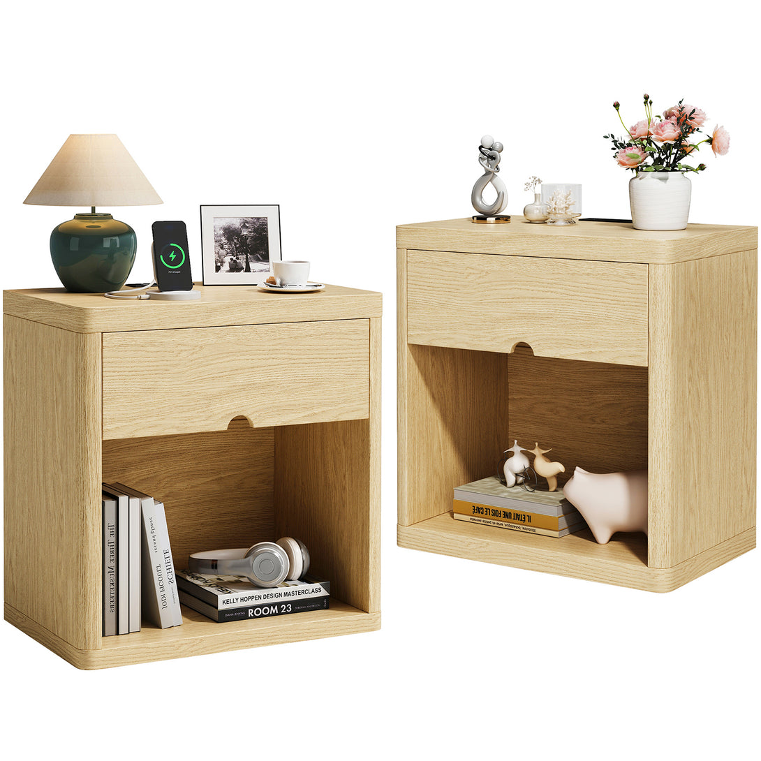 IDEALSOUL Nightstand , Nightstand with Charging Station, 24inch Bedside Table with Curved Top Corners, Crescent Shaped Buckle, Wooden End Table for Bedroom Living Room