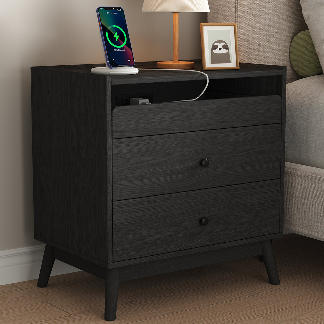 Nightstand Bedside Table, 25"H×23.6"W 3 Drawer Dresser with Hidden Charging Station, End Side Table for Bedroom Furniture