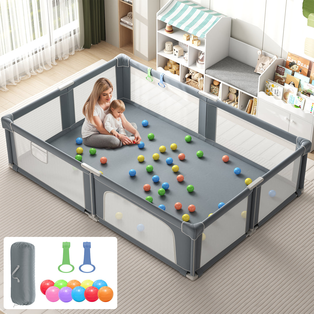 Baby Playpen, 70×61 In Play Yard, Foldable Large Playpens for Babies and Toddlers, with Mat and Carry Bag, Indoor & Outdoor Pack and Play, Oxford Fabric, Light Gray