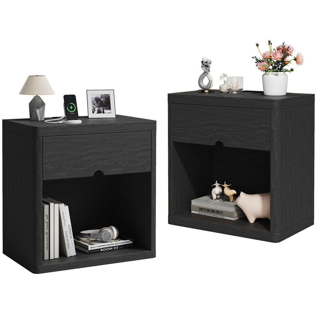 IDEALSOUL Nightstand , Nightstand with Charging Station, 24inch Bedside Table with Curved Top Corners, Crescent Shaped Buckle, Wooden End Table for Bedroom Living Room