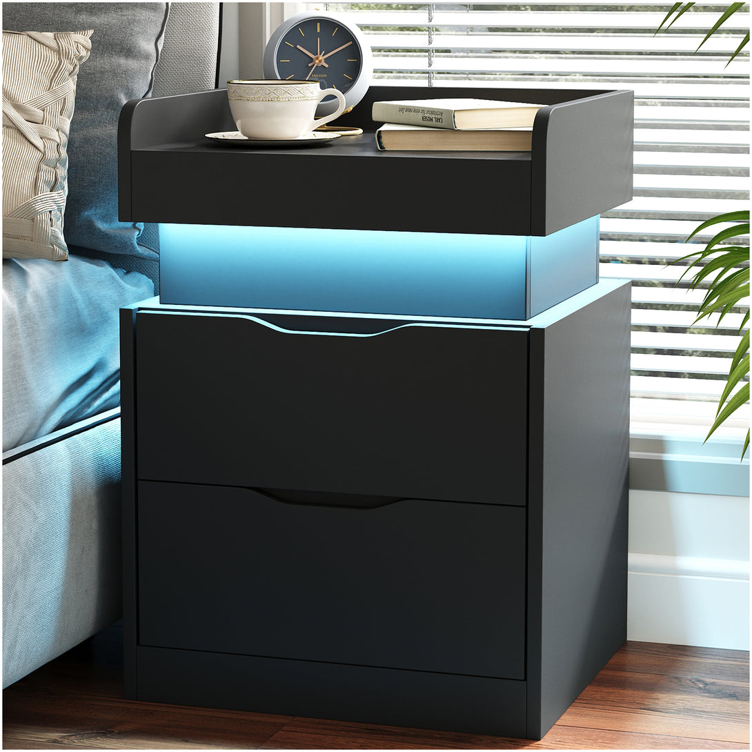 Black Nightstand with Charging Station, LED Smart Nightstand with 3 Hidden Drawer Modern Bedside Table End Side Table Nightstands for Bedroom Living Room 25" Tall