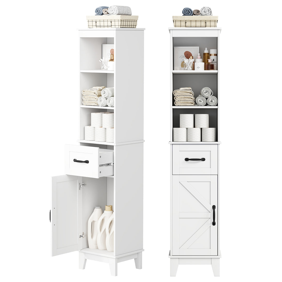 IDEALSOUL Tall Bathroom Storage Cabinet, Narrow Storage Cabinet, Freestanding Linen Cabinet with Barn Door and Drawer
