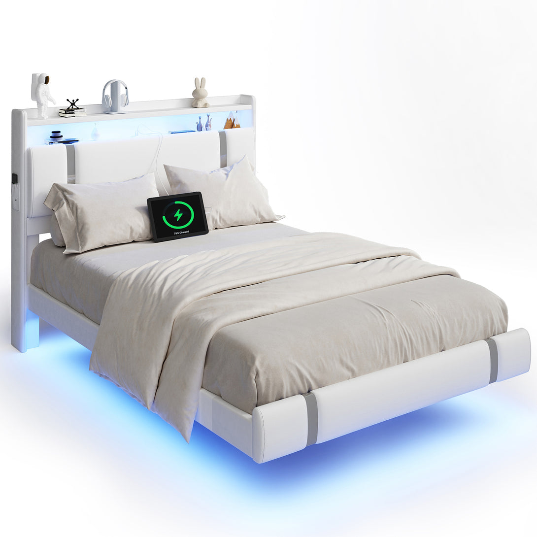 IDEALSOUL Full Size Bed Frame with LED Lights,Floating Metal Platform Bed with Storage Headboard,No Box Spring Needed,Easy to Assemble