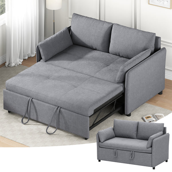 3 in 1 Convertible Sleeper Sofa Bed, 53" Folding Pull Out Couch with Adjustable Backrest, Futon Loveseat Couches with Side Pocket for Living Room, Grey