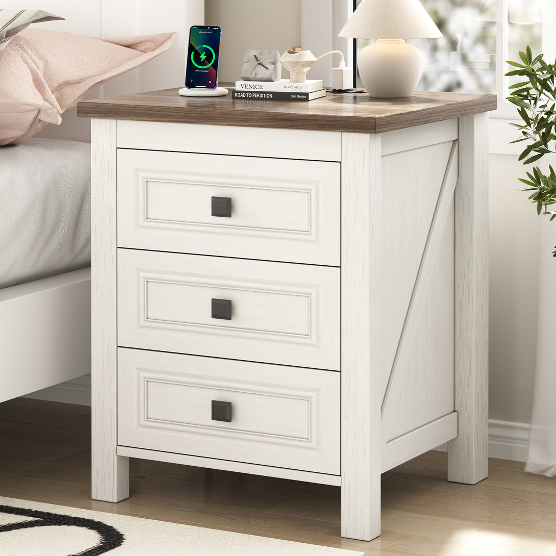 Nightstand Set of 2, bedside table with charging station, White farmhouse 3 drawer nightstand Rustic night stand end tables for bedroom Living Room