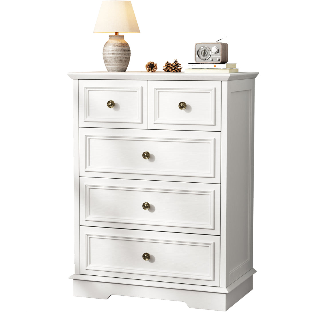 IDEALSOUL 5 Drawer Dresser for Bedroom, White Rustic Style Chest of Drawers, Retro Style 5 Drawer Dresser for Bedroom, Living Room, Bathroom
