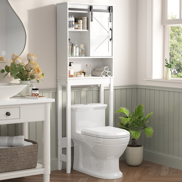 Over the Toilet Storage Cabinet, Rustic Storage Cabinet Over Toilet with Sliding Barn Door & Adjustable Shelves, Farmhouse Space Saver Organizer for Bathroom,Living Room, White