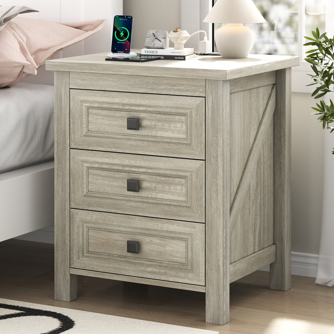 Nightstand Set of 2, bedside table with charging station, White farmhouse 3 drawer nightstand Rustic night stand end tables for bedroom Living Room