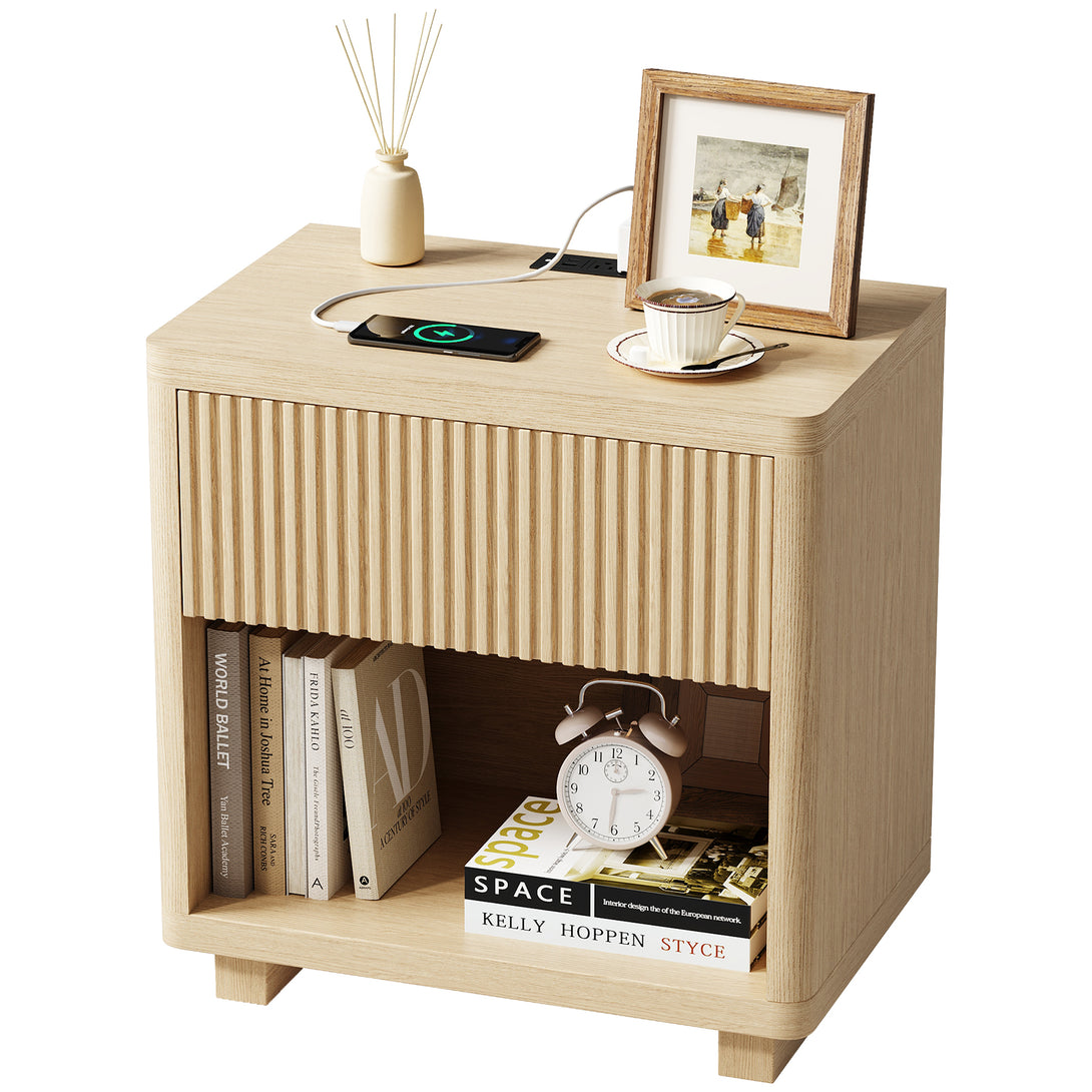 IDEALSOUL Nightstand, Fluted Bedside Table with Charging Station, End Table with open Storage, Large Wooden Night Stands Bedside for Bedroom Living Room