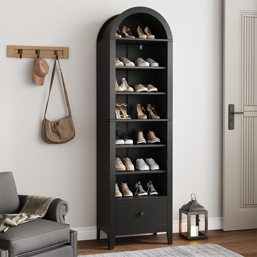 71" Arched Cabinet Tall Kitchen Pantry Cabinet, 8 Tiers Arched storage Cabinet with Doors and Shelves, Bookcase for Entryway, Hallway, Living Room